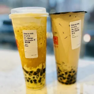 A6: QQ tea with boba and coffee jelly. F7: Mango tea with crema and salted foam!