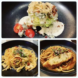Soooo good! Wedge Salad, Crab &amp; Sun dried tomato fettuccini, &amp; Pasta bolognese!