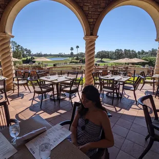 Beautiful patio with an amazing view of the golf course (18th hole) at Nineteen, the restaurant at the TPC Sawgrass clubhouse.