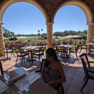 Beautiful patio with an amazing view of the golf course (18th hole) at Nineteen, the restaurant at the TPC Sawgrass clubhouse.