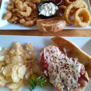 Shrimp and onion rings. Chicken parmesan sandwich.