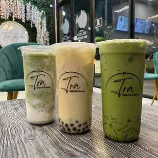 Matcha Cloudy + Thai Green Milk Tea + Jasmine Green Milk Tea