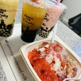 Lychee shave ice, rose milk tea, mango milk tea, and jasmine boba tea