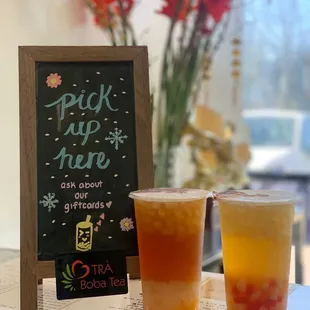 Passion fruit tea with lychee jelly and mango jelly (left) and Lychee tea with rainbow jelly (right)