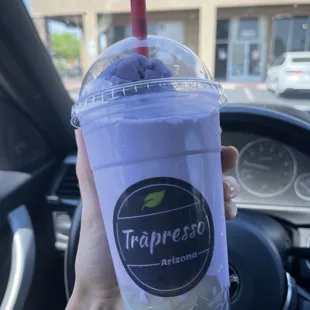 Taro smoothie frappe with boba and lychee!