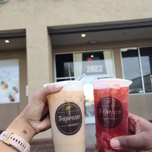 Earl Grey Milk tea and a Strawberry fruit tea with lychee