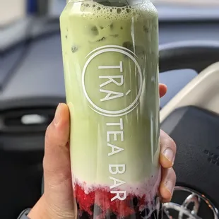 Strawberry matcha with boba