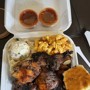 2way combo/ chicken, ribs, Mac &amp; cheese, potato salad