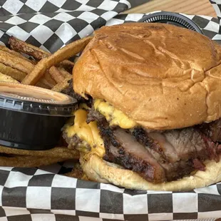 Brisket smash burger and fries