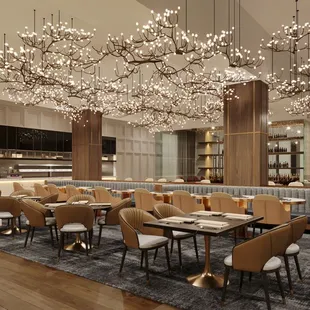 a rendering of a dining room with a large chandelier