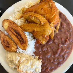 Stew chicken, beans, rice, plantains, and potato salad