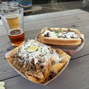 Chicken Asian nachos and chicken loaded dog