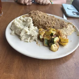 Pecan crusted chicken with garlic mashed potatoes and squash