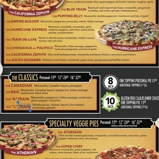 a menu for a variety of pizzas