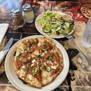 HALF Greek Salad and PER Chihuahua Al Pacifico Pizza