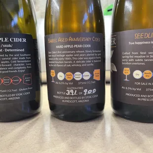 Backs of bottles of the three Stoic Ciders.