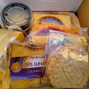 Jan 2022 Cheese Board: Dos Lunas grass-fed raw milk cheeses, orange shortbread cookies, mustard and mesquite honey