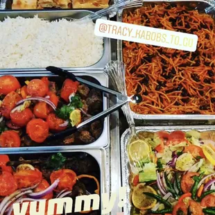 Kabobs ,rice brown or white rice ,afghan bread any type of kabobs  ,salad,hummas