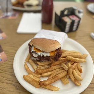 Buffalo chicken sandwich! Had already shared half my fries before taking the picture ‍