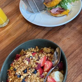 Açaí bowl and breakfast sandwich