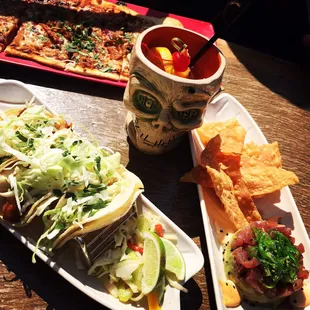 Shrunken Zombie Head, Kalua-style Pork Flatbread, Ahi Poke and Shrimp Tacos! Yum!