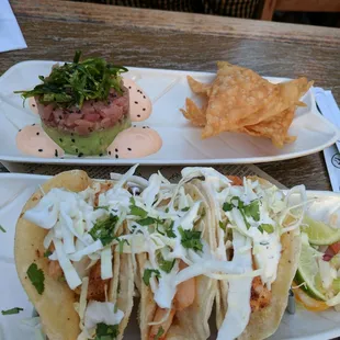 Shrimp tacos and poke