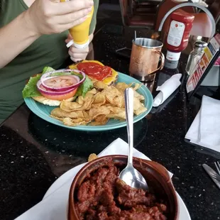 Chili and burger.