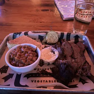 Brisket, corn bread, baked beans, and a local cider