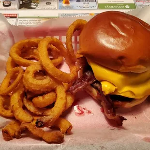 a burger and onion rings