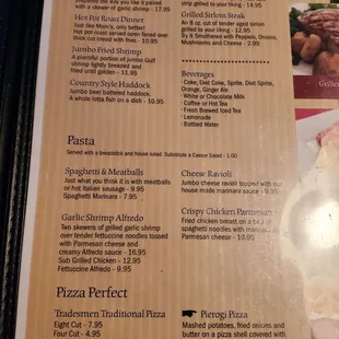 a menu for dinner