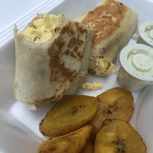 Bacon breakfast burrito with plantains