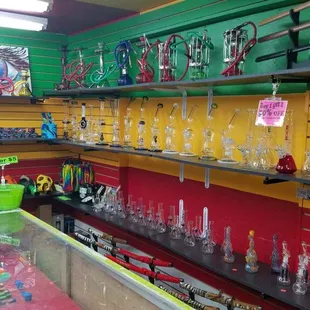 a variety of glassware in a store