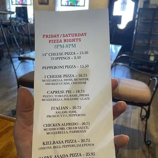 Pizza menu