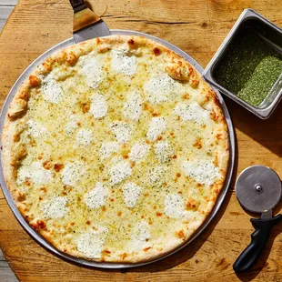 a pizza on a wooden table