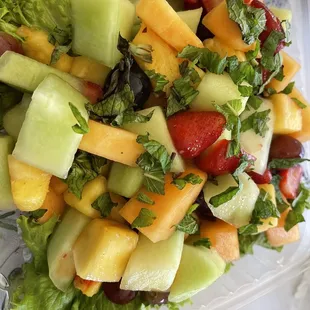 Fruit salad with lavender mint syrup