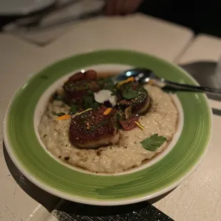 Dayboat Scallops with braised artichoke risotto, white truffle butter, pistachio brown butter