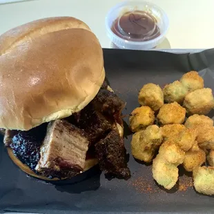 Burnt Ends sandwich with fried okra