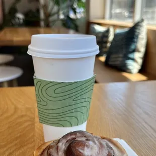 Caramel latte + cinnamon roll