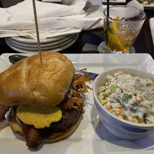 Hangover Burger; Side of Coleslaw; Old-Fashioned
