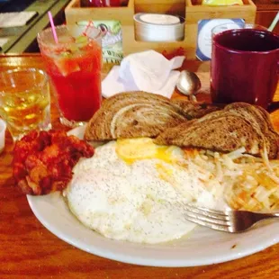 "Red Eye"breakfast! Comes with a Bloody Mary .... And your Bloody Mary comes with a beer ...