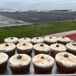 a tray of cupcakes with blueberries