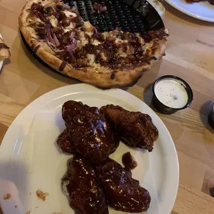 Chicken pizza and bbq wings