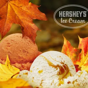 a scoop of ice cream and fall leaves