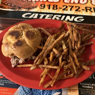 Sliced brisket sandwich with fries.
