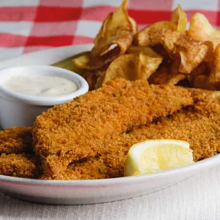 -- Fish &amp; Crisps --

Three Rockfish filets fried in a seasoned panko breading, served with a house tartar and signature chips &amp; a pickle