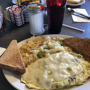 Bacon, avocado, Swiss cheese omelette