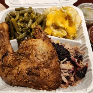 Smoked chicken, pulled  pork, string beans,  Mac &amp; cheese  and the most delicious  BBQ Sauce. You will need  extra sauce. It is so good.