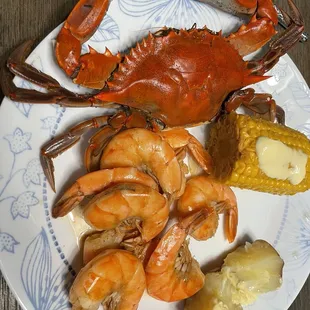 Crab, shrimp, potato, and corn from the Friday $19.99 special