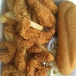 The fish and shrimp plate to go. That fried bread is awesome.