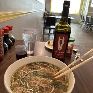 Hanoi pho and Dark Horse Big Red Blend from California. Alison ordered banana cake for dessert